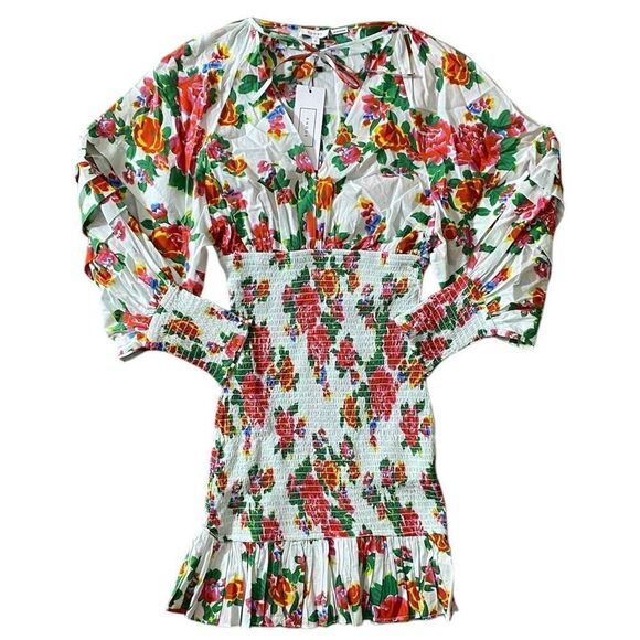 Rhode Anya Floral Puff Sleeve Smocked Ruffle Hem Mini Dress NWT Size Medium - Picture 2 of 6
